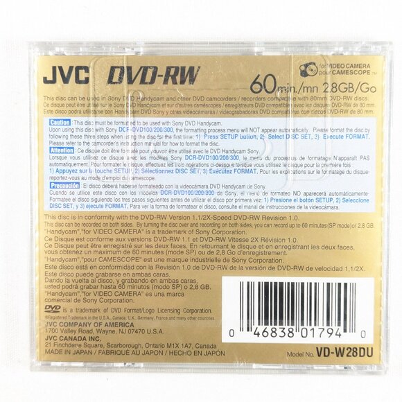 3 x New in plastic JVC DVD-RW Camcorder disc 60 mins / 2.8GB - Picture 2 of 6